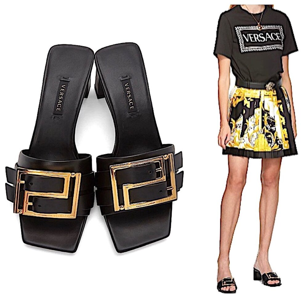 Versace Greta Gold Buckle Empire Heeled Sandals